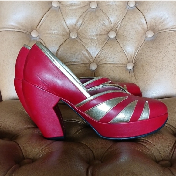 John Fluevog Lip Service Mandaly Red Gold Leather Platform Heels 90s Y2K Size 9 - Picture 5 of 9
